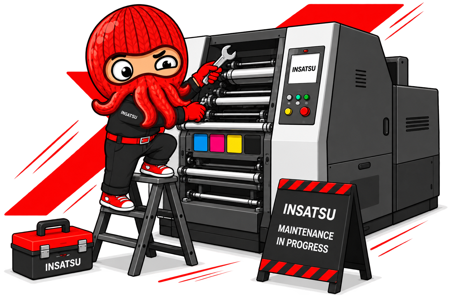 Karakter INSATSU sedang maintenance mesin printing